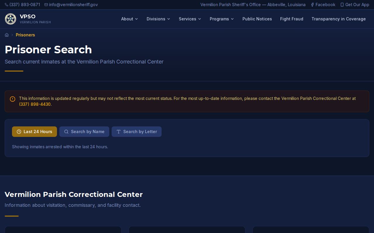 VPSO current prisoner search and arrest view for Vermilion Parish release checks