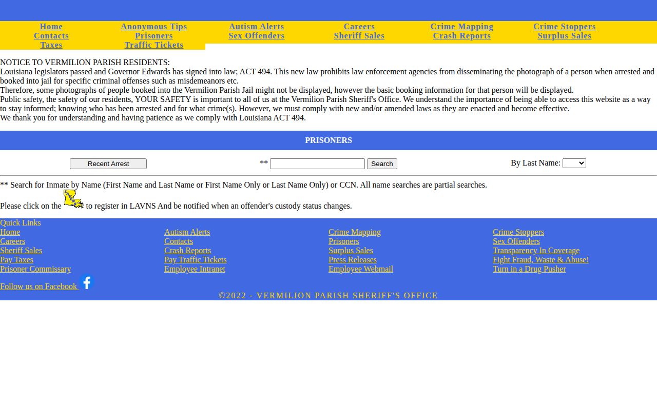Legacy Vermilion Parish Correctional Center prisoner search record interface