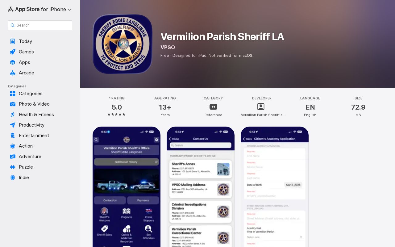 Official Vermilion Parish Sheriff app listing and mugshot feature limits