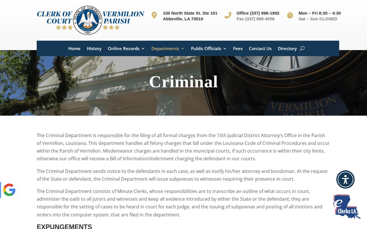 Vermilion Parish Clerk criminal records and released mugshot expungement route